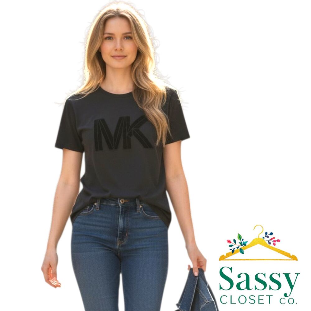 MICHAEL KORS Black Velvet MK Logo Graphic Tee 3X Plus Cotton Modal Top EUC